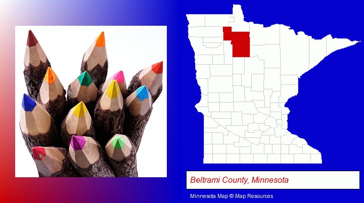 colored pencils; Beltrami County, Minnesota highlighted in red on a map