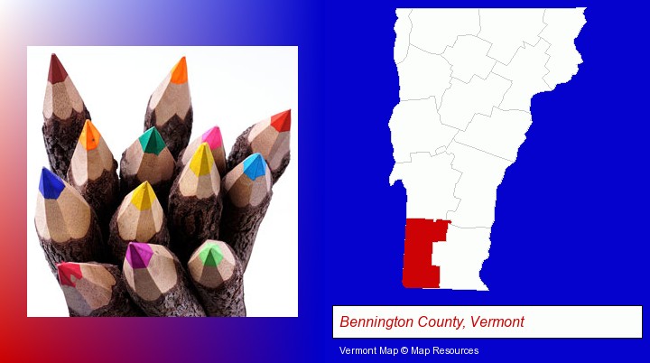 colored pencils; Bennington County, Vermont highlighted in red on a map