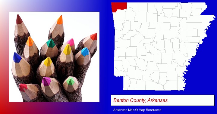 colored pencils; Benton County, Arkansas highlighted in red on a map