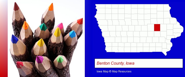 colored pencils; Benton County, Iowa highlighted in red on a map