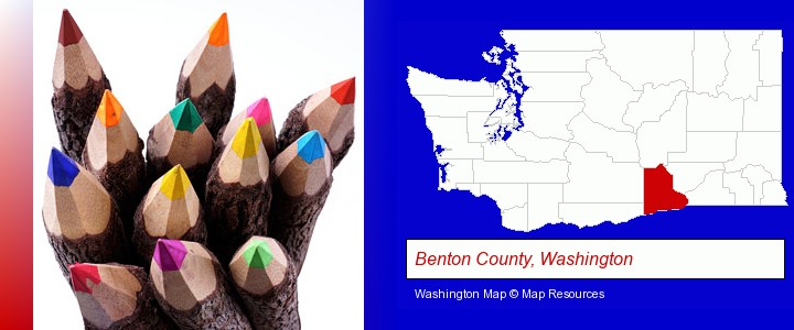 colored pencils; Benton County, Washington highlighted in red on a map