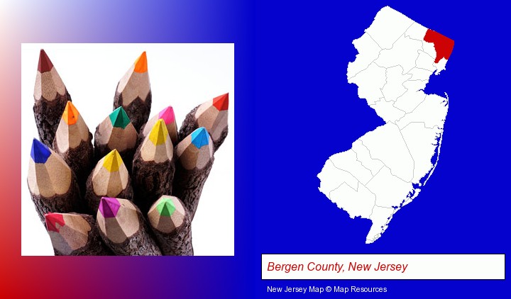 colored pencils; Bergen County, New Jersey highlighted in red on a map