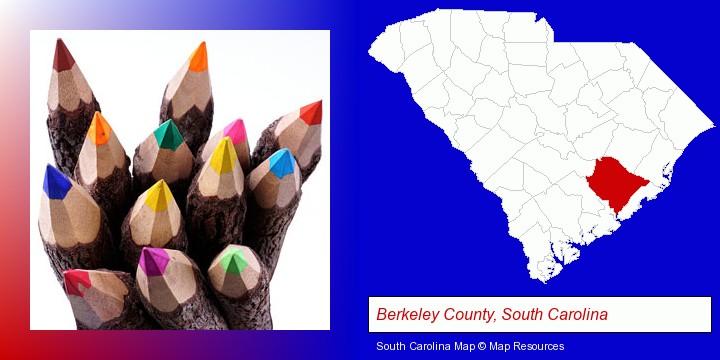 colored pencils; Berkeley County, South Carolina highlighted in red on a map