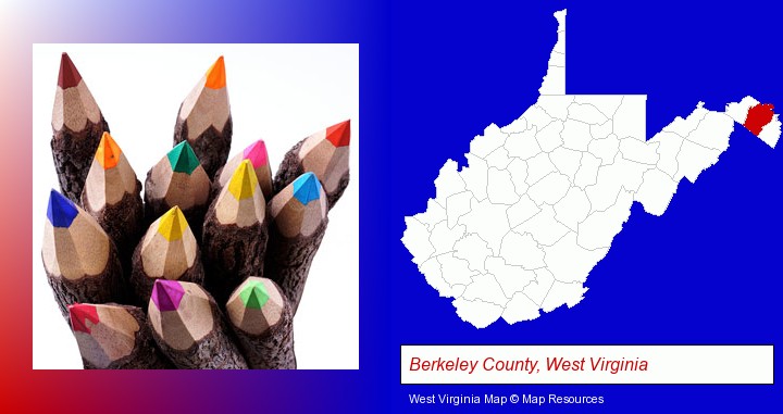 colored pencils; Berkeley County, West Virginia highlighted in red on a map