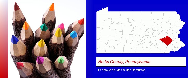 colored pencils; Berks County, Pennsylvania highlighted in red on a map
