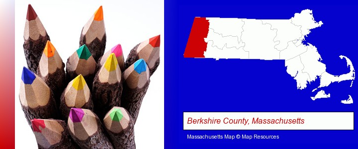 colored pencils; Berkshire County, Massachusetts highlighted in red on a map