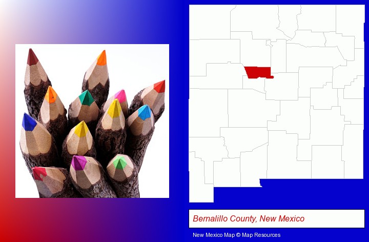 colored pencils; Bernalillo County, New Mexico highlighted in red on a map