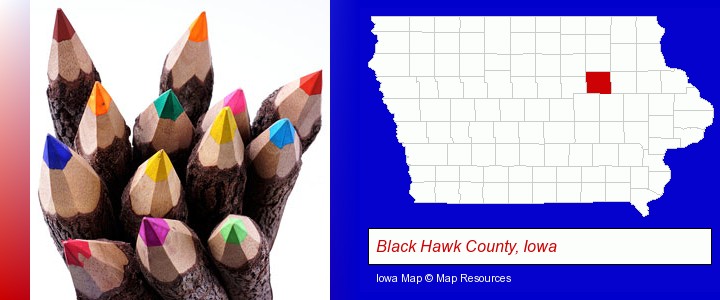 colored pencils; Black Hawk County, Iowa highlighted in red on a map