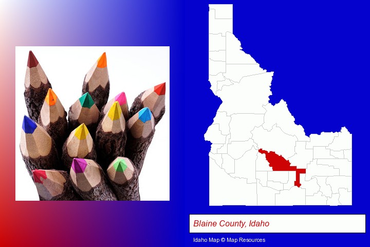 colored pencils; Blaine County, Idaho highlighted in red on a map