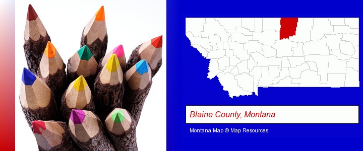 colored pencils; Blaine County, Montana highlighted in red on a map