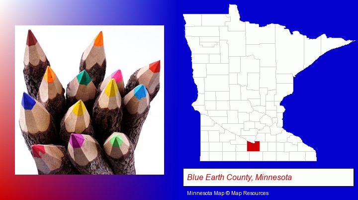 colored pencils; Blue Earth County, Minnesota highlighted in red on a map
