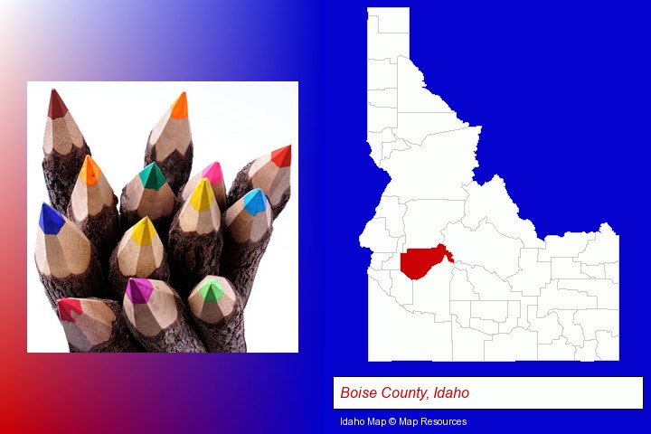 colored pencils; Boise County, Idaho highlighted in red on a map
