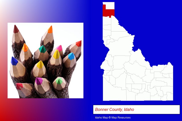 colored pencils; Bonner County, Idaho highlighted in red on a map