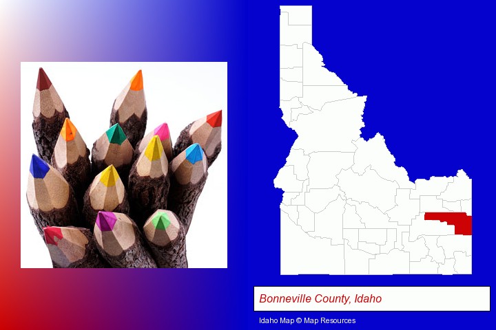 colored pencils; Bonneville County, Idaho highlighted in red on a map
