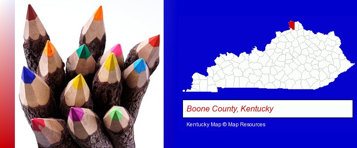 colored pencils; Boone County, Kentucky highlighted in red on a map