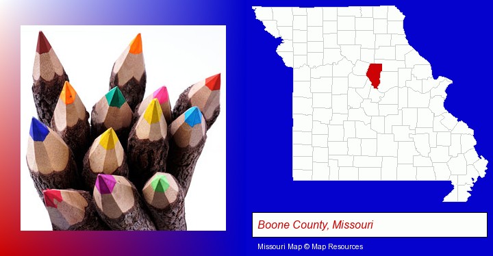 colored pencils; Boone County, Missouri highlighted in red on a map