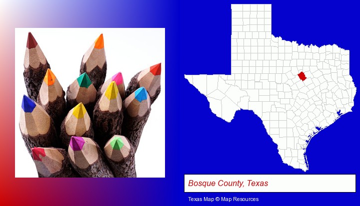 colored pencils; Bosque County, Texas highlighted in red on a map