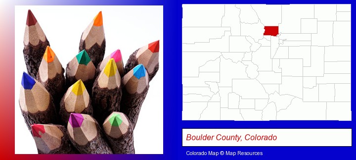 colored pencils; Boulder County, Colorado highlighted in red on a map