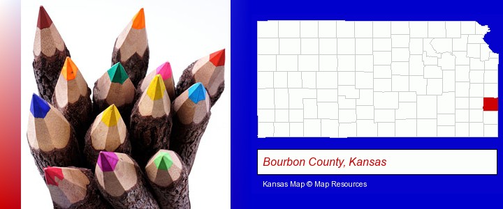colored pencils; Bourbon County, Kansas highlighted in red on a map