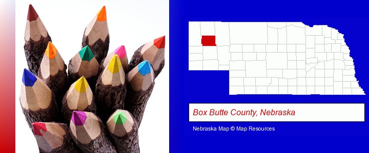 colored pencils; Box Butte County, Nebraska highlighted in red on a map