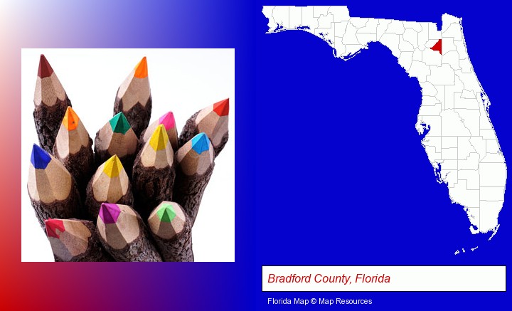 colored pencils; Bradford County, Florida highlighted in red on a map