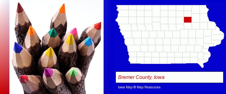colored pencils; Bremer County, Iowa highlighted in red on a map