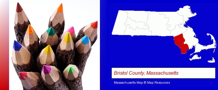 colored pencils; Bristol County, Massachusetts highlighted in red on a map