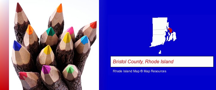 colored pencils; Bristol County, Rhode Island highlighted in red on a map