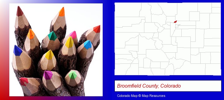 colored pencils; Broomfield County, Colorado highlighted in red on a map