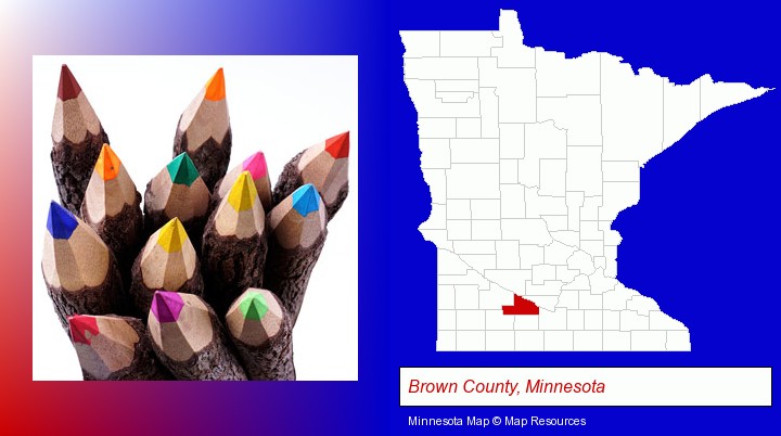 colored pencils; Brown County, Minnesota highlighted in red on a map