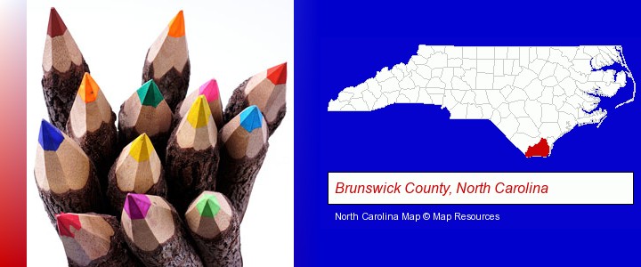 colored pencils; Brunswick County, North Carolina highlighted in red on a map