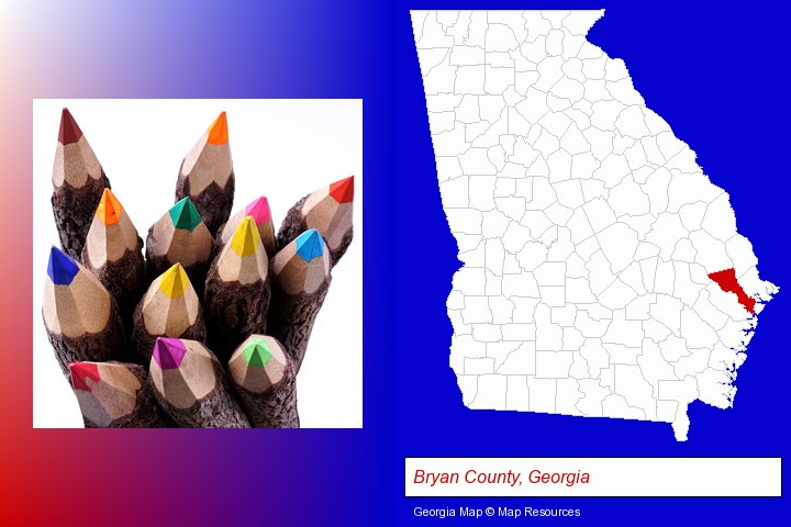 colored pencils; Bryan County, Georgia highlighted in red on a map