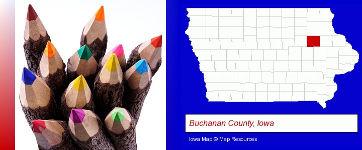 colored pencils; Buchanan County, Iowa highlighted in red on a map
