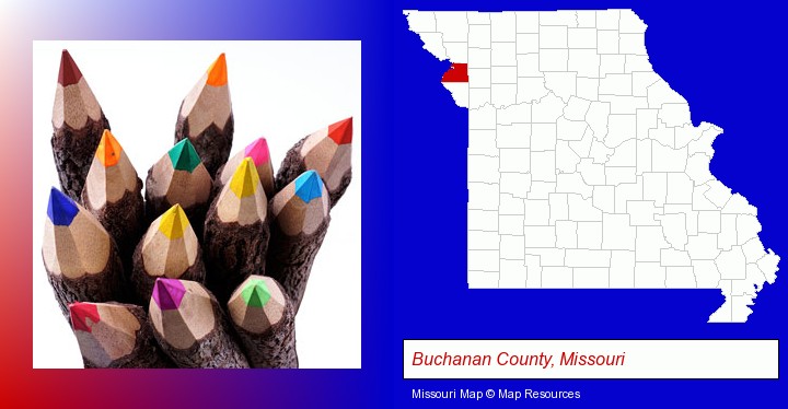 colored pencils; Buchanan County, Missouri highlighted in red on a map