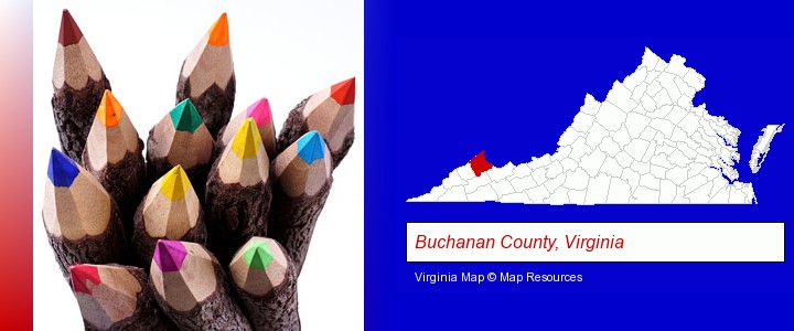 colored pencils; Buchanan County, Virginia highlighted in red on a map