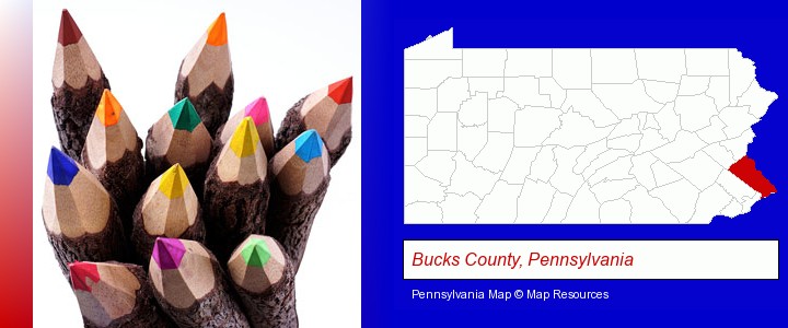 colored pencils; Bucks County, Pennsylvania highlighted in red on a map