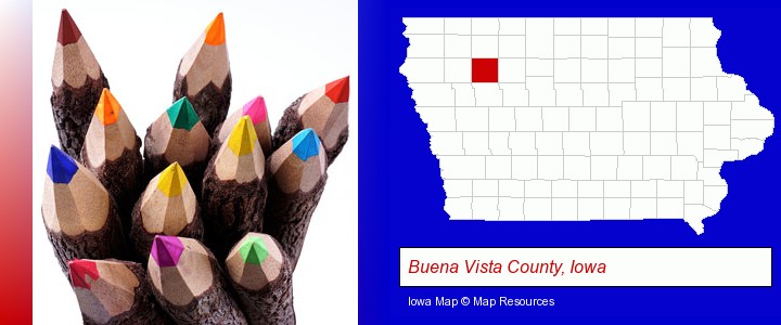 colored pencils; Buena Vista County, Iowa highlighted in red on a map