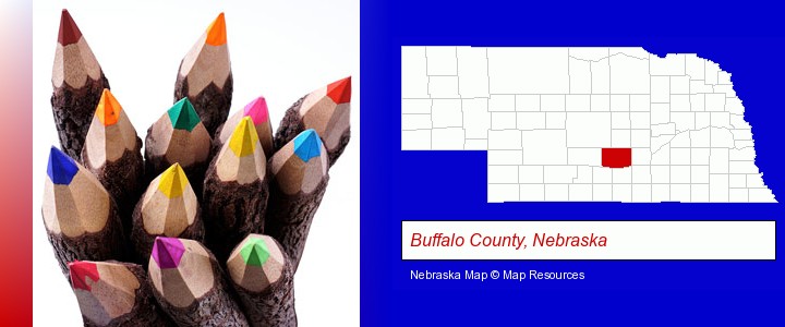 colored pencils; Buffalo County, Nebraska highlighted in red on a map