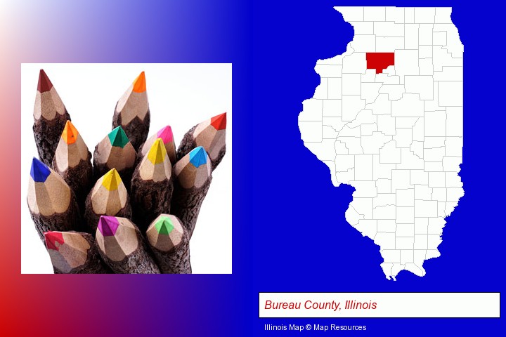 colored pencils; Bureau County, Illinois highlighted in red on a map