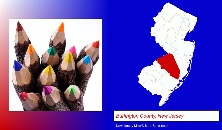 colored pencils; Burlington County, New Jersey highlighted in red on a map