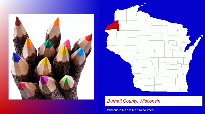colored pencils; Burnett County, Wisconsin highlighted in red on a map