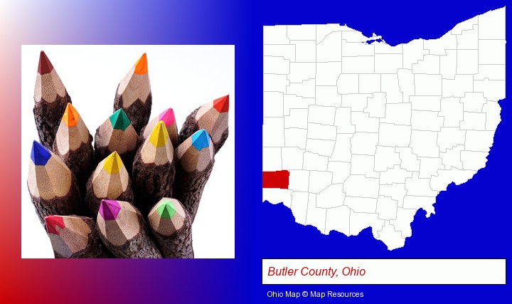 colored pencils; Butler County, Ohio highlighted in red on a map