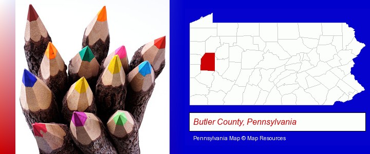 colored pencils; Butler County, Pennsylvania highlighted in red on a map