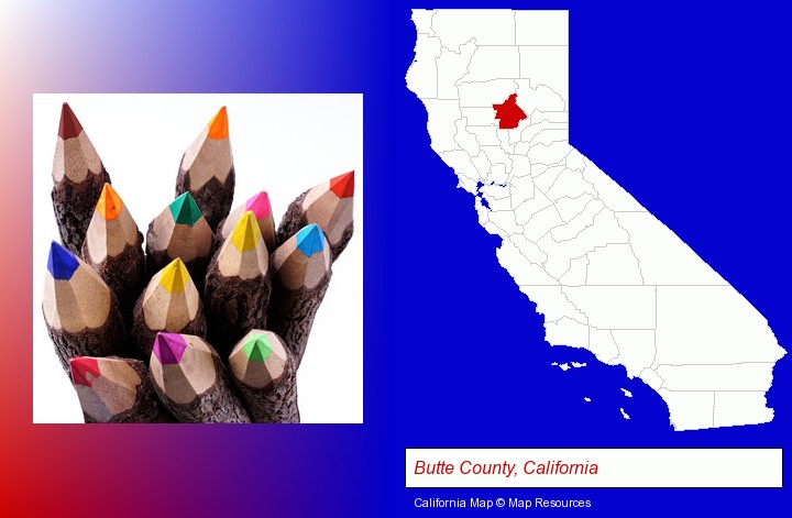 colored pencils; Butte County, California highlighted in red on a map