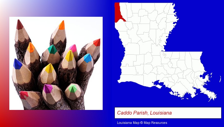 colored pencils; Caddo Parish, Louisiana highlighted in red on a map