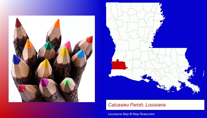 colored pencils; Calcasieu Parish, Louisiana highlighted in red on a map
