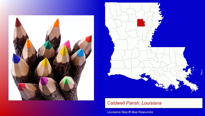 colored pencils; Caldwell Parish, Louisiana highlighted in red on a map