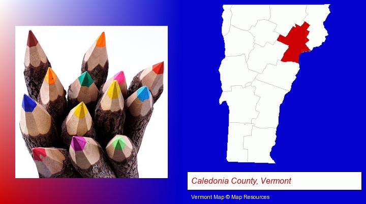 colored pencils; Caledonia County, Vermont highlighted in red on a map