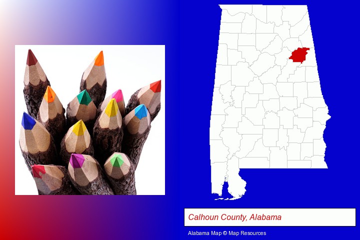 colored pencils; Calhoun County, Alabama highlighted in red on a map