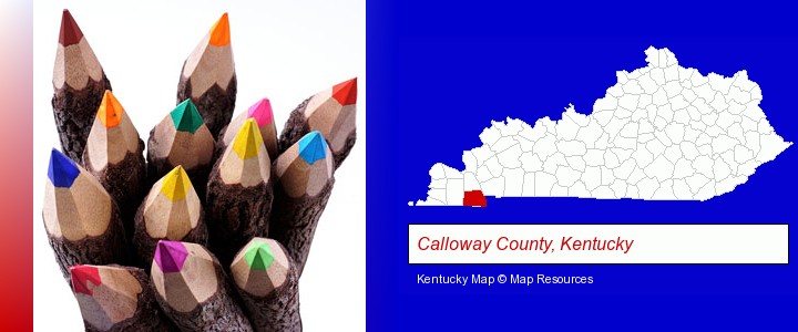 colored pencils; Calloway County, Kentucky highlighted in red on a map